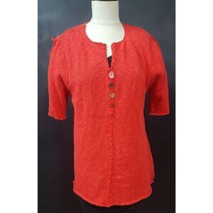 Anthonys Red Pullover Sweater Size Large Short Sleeve   Buttons Fringe Cotton